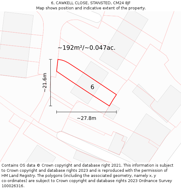 6, CAWKELL CLOSE, STANSTED, CM24 8JF: Plot and title map