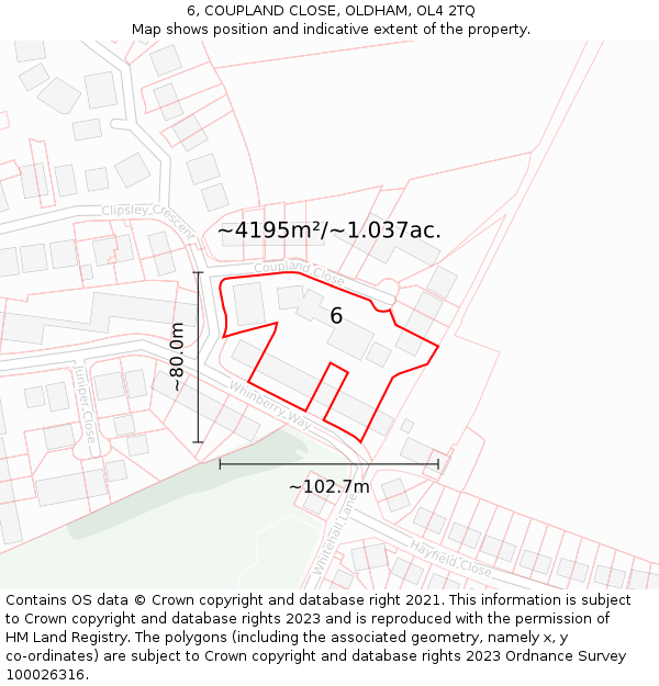 6, COUPLAND CLOSE, OLDHAM, OL4 2TQ: Plot and title map