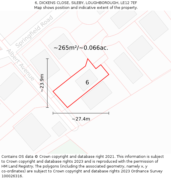 6, DICKENS CLOSE, SILEBY, LOUGHBOROUGH, LE12 7EF: Plot and title map