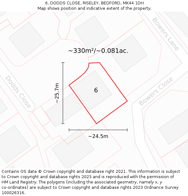 6, DODDS CLOSE, RISELEY, BEDFORD, MK44 1DH: Plot and title map