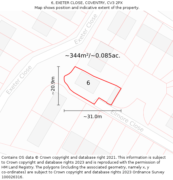 6, EXETER CLOSE, COVENTRY, CV3 2PX: Plot and title map