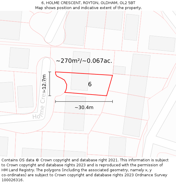6, HOLME CRESCENT, ROYTON, OLDHAM, OL2 5BT: Plot and title map