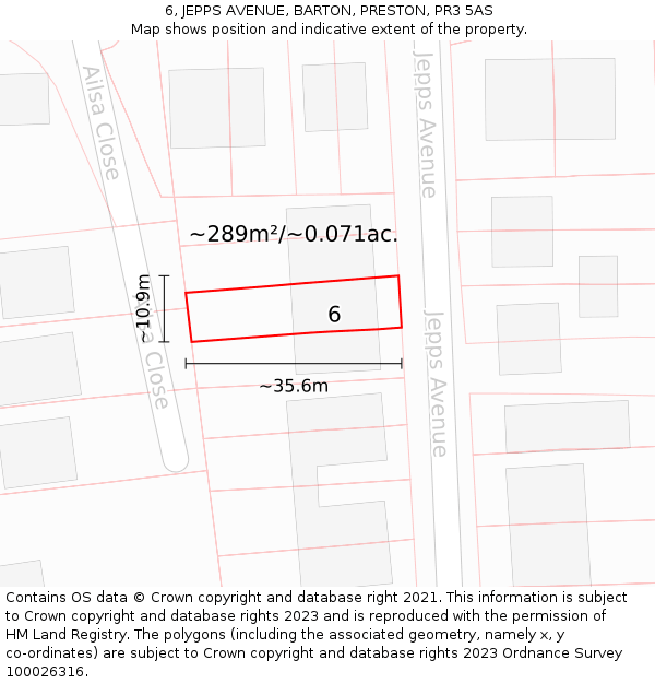 6, JEPPS AVENUE, BARTON, PRESTON, PR3 5AS: Plot and title map