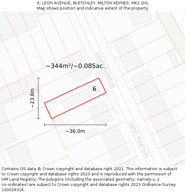 6, LEON AVENUE, BLETCHLEY, MILTON KEYNES, MK2 2HL: Plot and title map