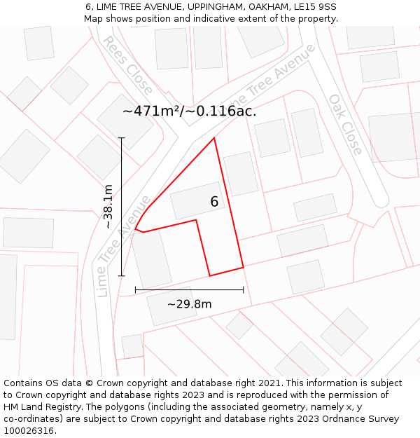 6, LIME TREE AVENUE, UPPINGHAM, OAKHAM, LE15 9SS: Plot and title map