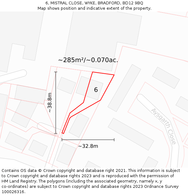 6, MISTRAL CLOSE, WYKE, BRADFORD, BD12 9BQ: Plot and title map