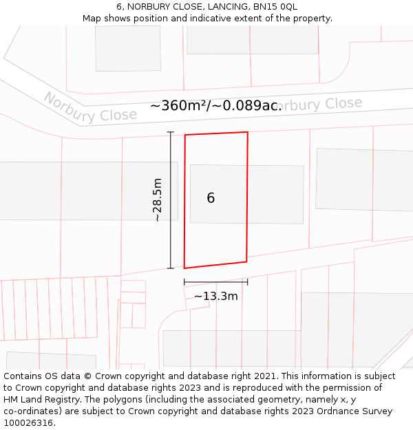 6, NORBURY CLOSE, LANCING, BN15 0QL: Plot and title map