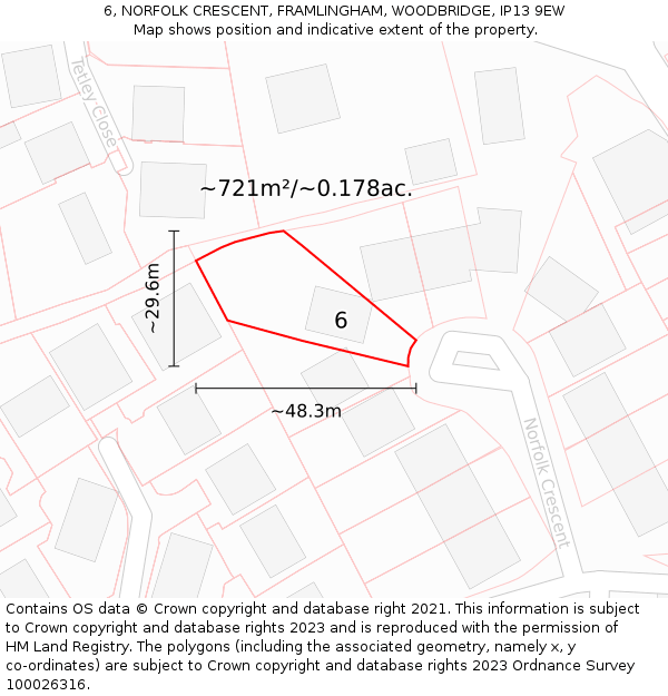 6, NORFOLK CRESCENT, FRAMLINGHAM, WOODBRIDGE, IP13 9EW: Plot and title map