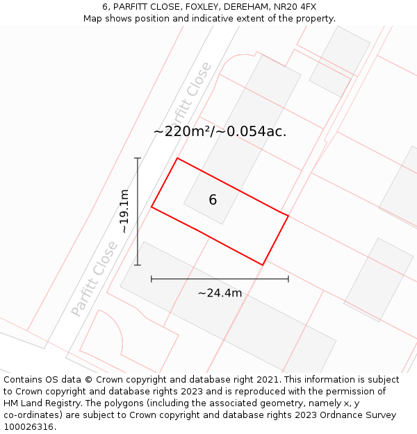 6, PARFITT CLOSE, FOXLEY, DEREHAM, NR20 4FX: Plot and title map