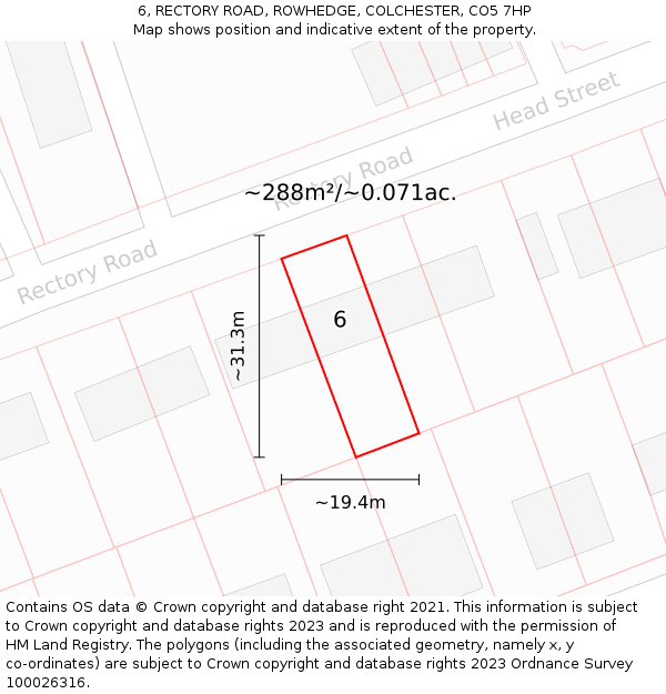 6, RECTORY ROAD, ROWHEDGE, COLCHESTER, CO5 7HP: Plot and title map