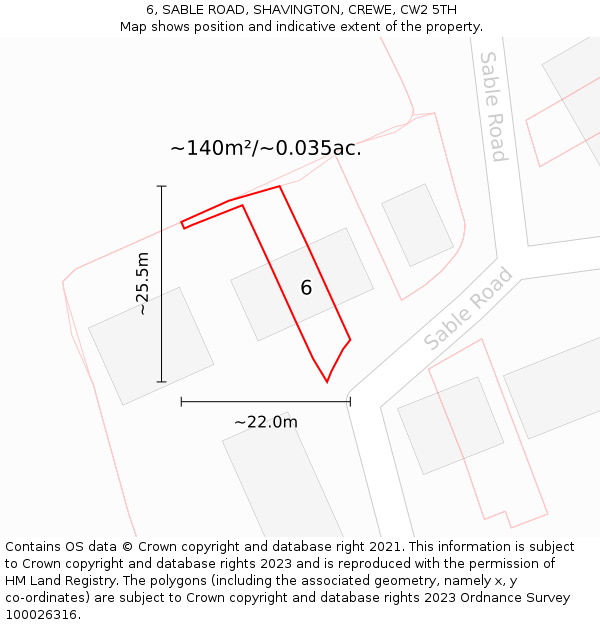 6, SABLE ROAD, SHAVINGTON, CREWE, CW2 5TH: Plot and title map