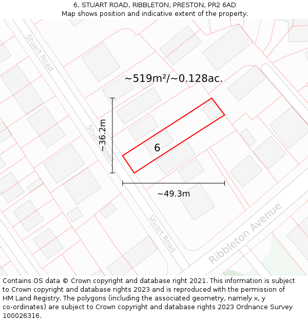 6, STUART ROAD, RIBBLETON, PRESTON, PR2 6AD: Plot and title map