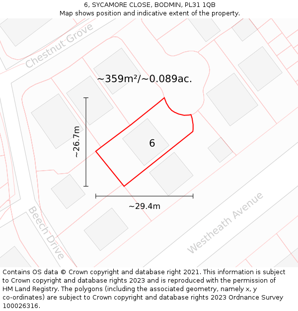 6, SYCAMORE CLOSE, BODMIN, PL31 1QB: Plot and title map