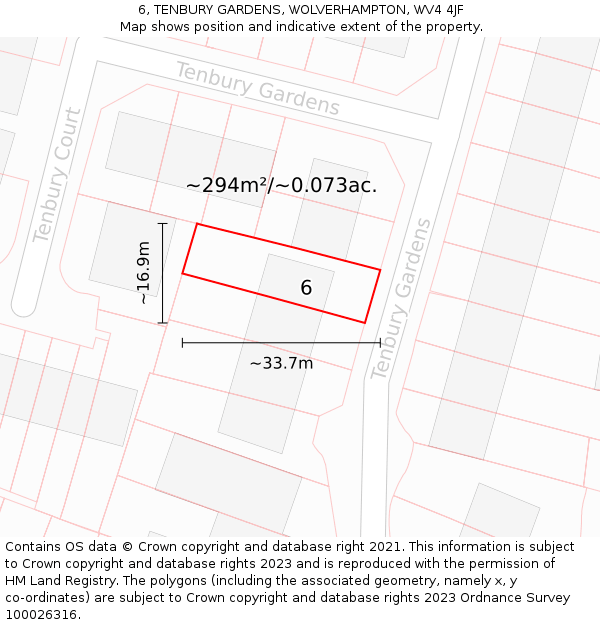 6, TENBURY GARDENS, WOLVERHAMPTON, WV4 4JF: Plot and title map