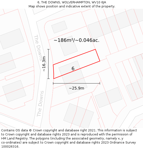6, THE DOWNS, WOLVERHAMPTON, WV10 6JA: Plot and title map