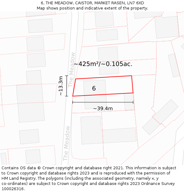6, THE MEADOW, CAISTOR, MARKET RASEN, LN7 6XD: Plot and title map
