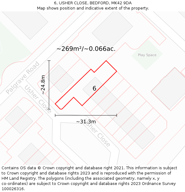 6, USHER CLOSE, BEDFORD, MK42 9DA: Plot and title map