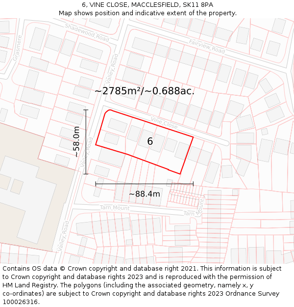6, VINE CLOSE, MACCLESFIELD, SK11 8PA: Plot and title map