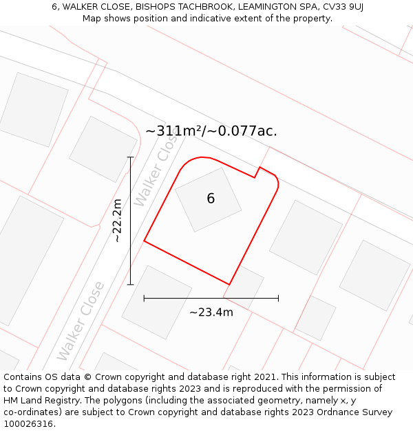 6, WALKER CLOSE, BISHOPS TACHBROOK, LEAMINGTON SPA, CV33 9UJ: Plot and title map