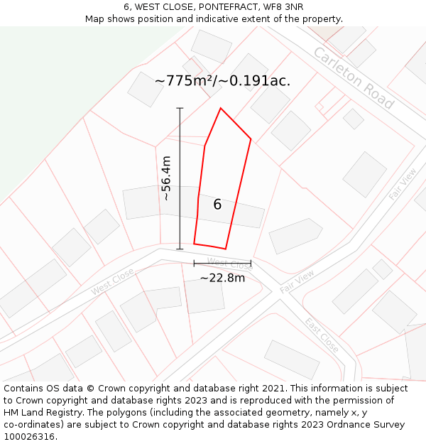 6, WEST CLOSE, PONTEFRACT, WF8 3NR: Plot and title map