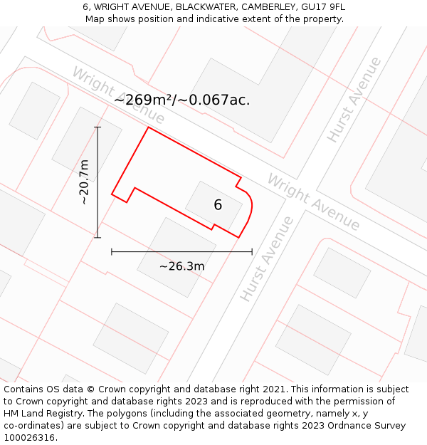 6, WRIGHT AVENUE, BLACKWATER, CAMBERLEY, GU17 9FL: Plot and title map