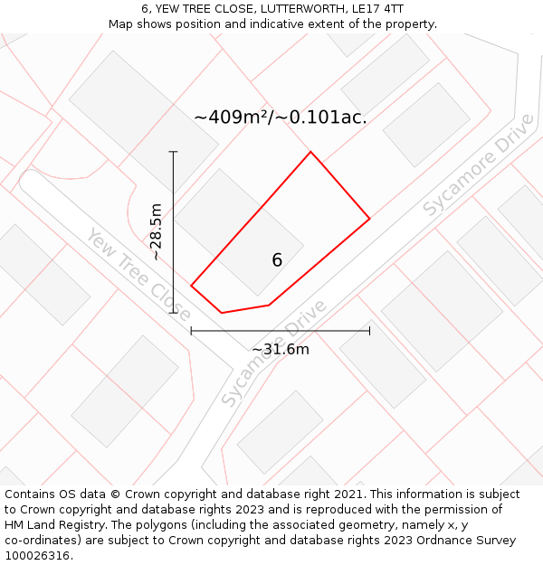 6, YEW TREE CLOSE, LUTTERWORTH, LE17 4TT: Plot and title map