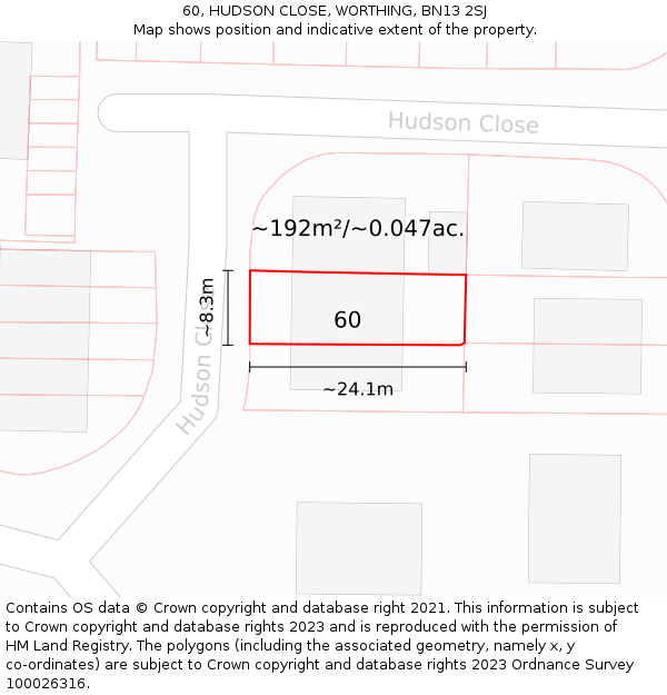 60, HUDSON CLOSE, WORTHING, BN13 2SJ: Plot and title map