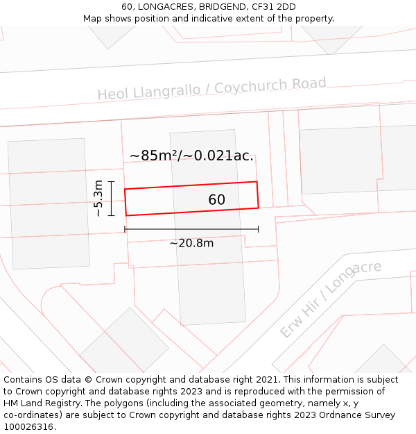 60, LONGACRES, BRIDGEND, CF31 2DD: Plot and title map