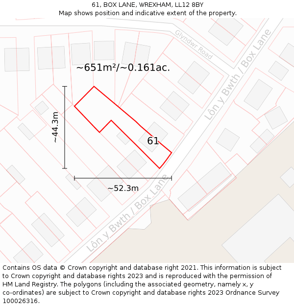61, BOX LANE, WREXHAM, LL12 8BY: Plot and title map
