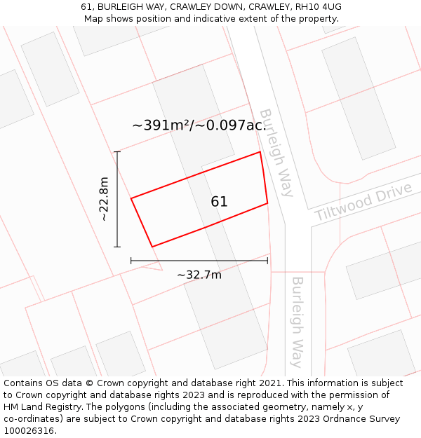 61, BURLEIGH WAY, CRAWLEY DOWN, CRAWLEY, RH10 4UG: Plot and title map