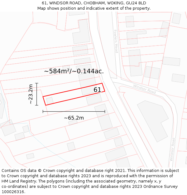 61, WINDSOR ROAD, CHOBHAM, WOKING, GU24 8LD: Plot and title map