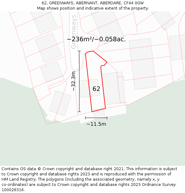 62, GREENWAYS, ABERNANT, ABERDARE, CF44 0GW: Plot and title map