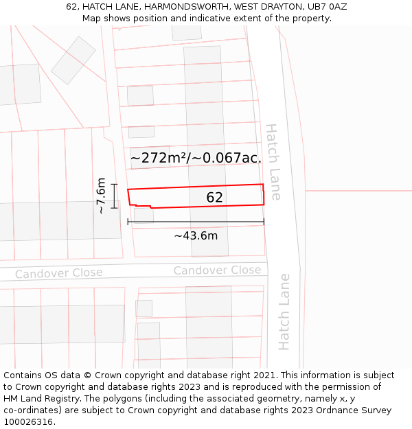 62, HATCH LANE, HARMONDSWORTH, WEST DRAYTON, UB7 0AZ: Plot and title map