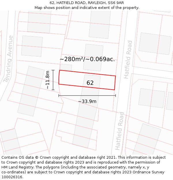 62, HATFIELD ROAD, RAYLEIGH, SS6 9AR: Plot and title map