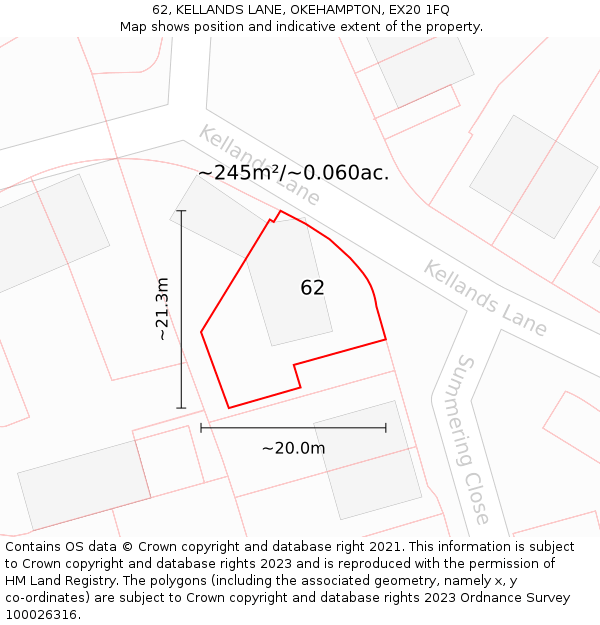 62, KELLANDS LANE, OKEHAMPTON, EX20 1FQ: Plot and title map