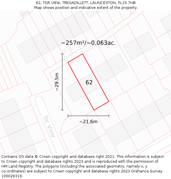 62, TOR VIEW, TREGADILLETT, LAUNCESTON, PL15 7HB: Plot and title map