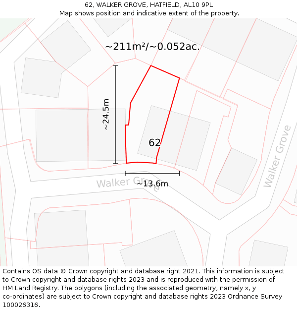 62, WALKER GROVE, HATFIELD, AL10 9PL: Plot and title map