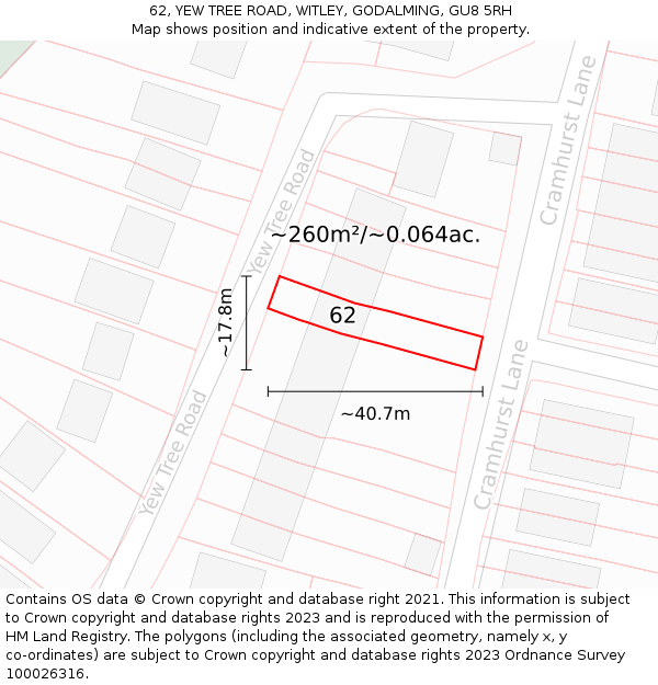 62, YEW TREE ROAD, WITLEY, GODALMING, GU8 5RH: Plot and title map