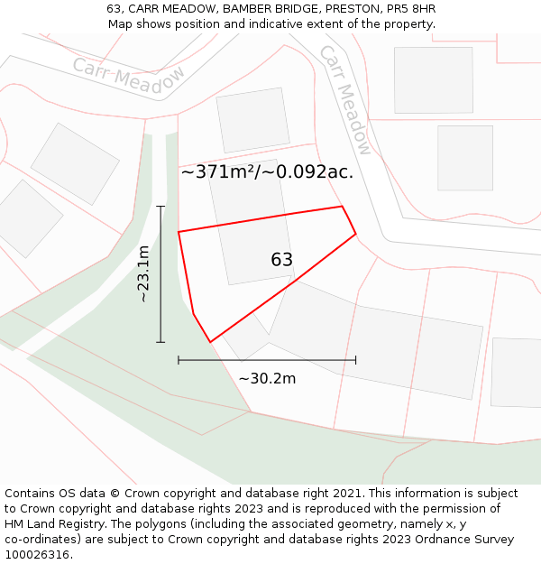 63, CARR MEADOW, BAMBER BRIDGE, PRESTON, PR5 8HR: Plot and title map