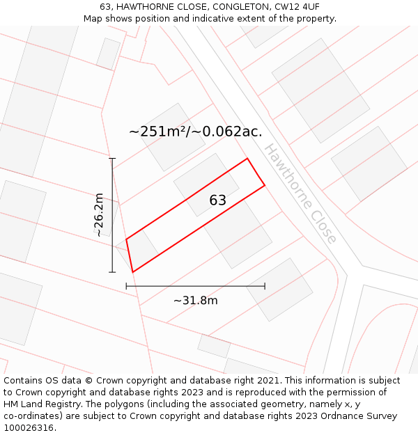 63, HAWTHORNE CLOSE, CONGLETON, CW12 4UF: Plot and title map