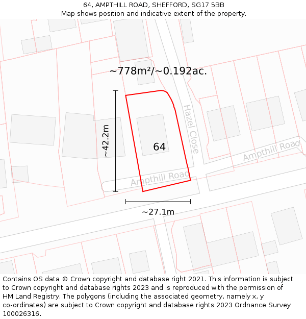 64, AMPTHILL ROAD, SHEFFORD, SG17 5BB: Plot and title map