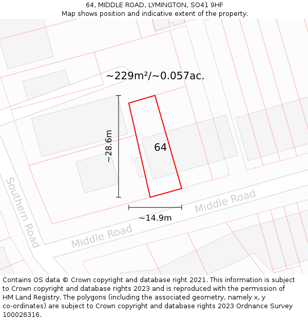 64, MIDDLE ROAD, LYMINGTON, SO41 9HF: Plot and title map