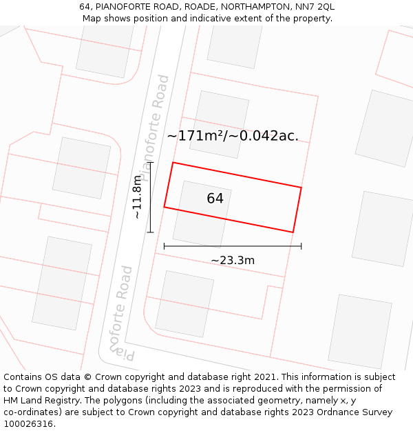 64, PIANOFORTE ROAD, ROADE, NORTHAMPTON, NN7 2QL: Plot and title map