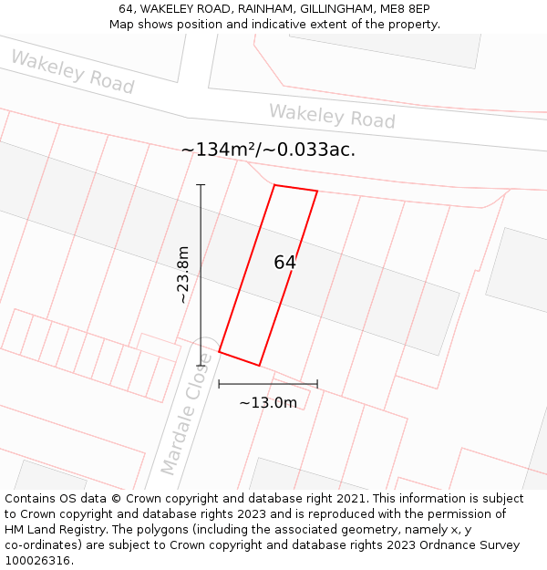 64, WAKELEY ROAD, RAINHAM, GILLINGHAM, ME8 8EP: Plot and title map