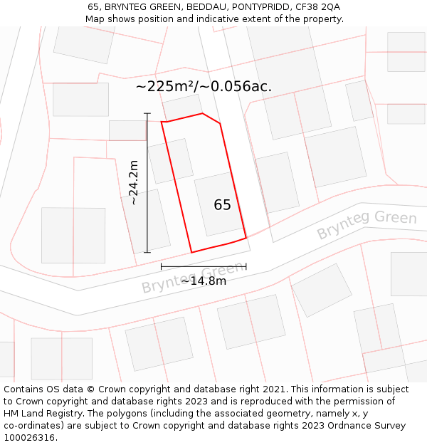 65, BRYNTEG GREEN, BEDDAU, PONTYPRIDD, CF38 2QA: Plot and title map