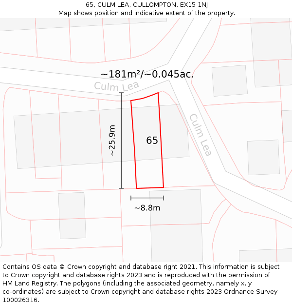 65, CULM LEA, CULLOMPTON, EX15 1NJ: Plot and title map