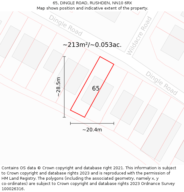65, DINGLE ROAD, RUSHDEN, NN10 6RX: Plot and title map