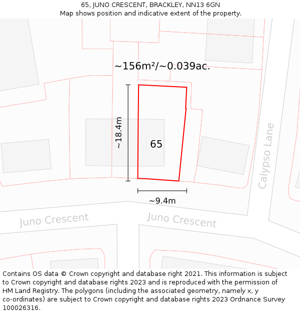 65, JUNO CRESCENT, BRACKLEY, NN13 6GN: Plot and title map