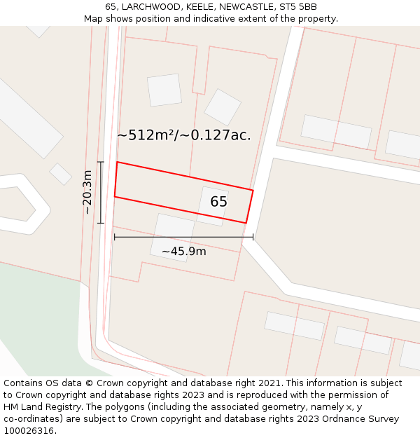 65, LARCHWOOD, KEELE, NEWCASTLE, ST5 5BB: Plot and title map
