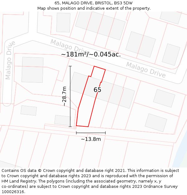 65, MALAGO DRIVE, BRISTOL, BS3 5DW: Plot and title map